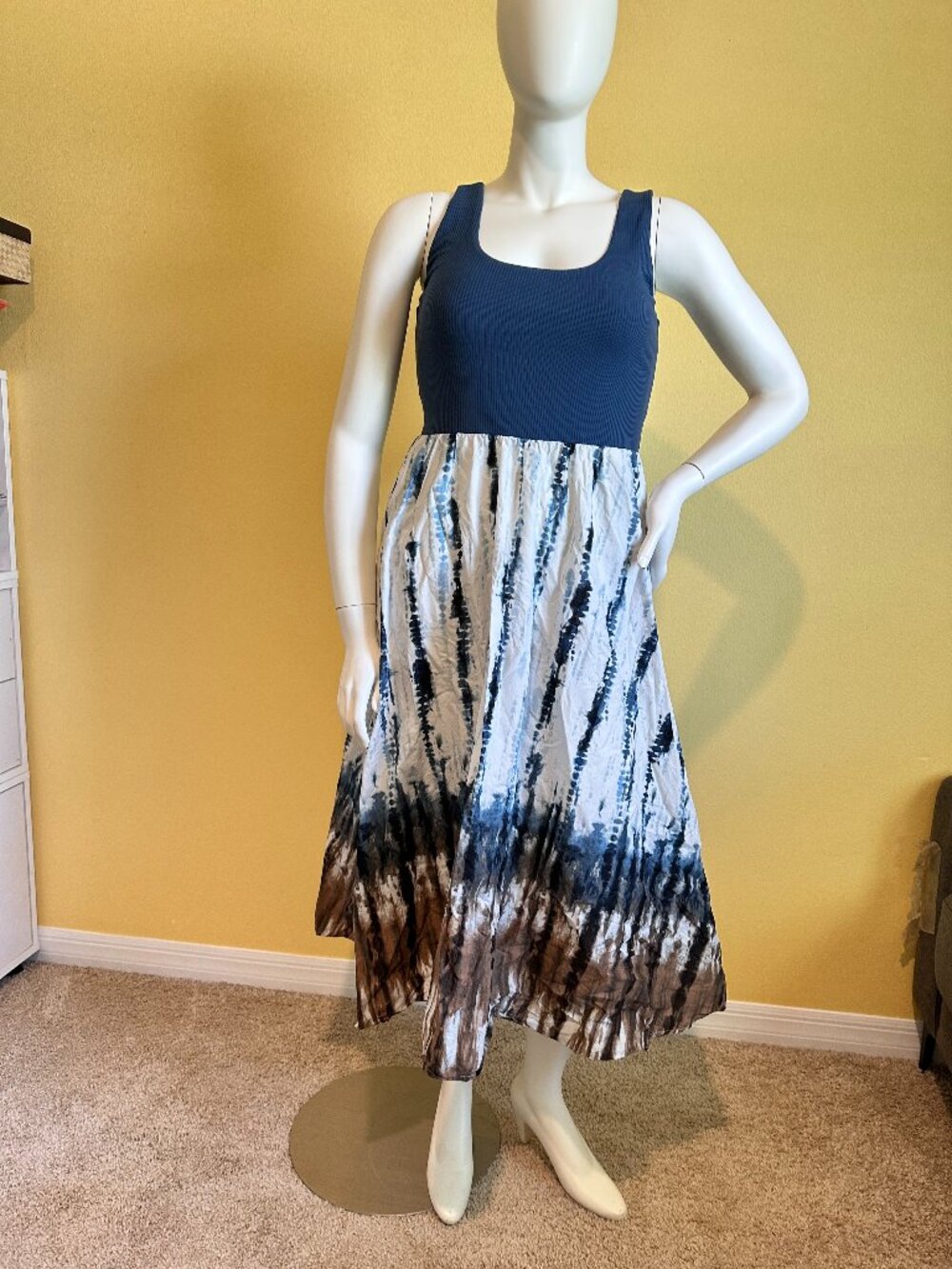 Simply Vera Vera Wang Blue Tie-Dye Midi Dress | Ribbed Knit Bodice | Size L